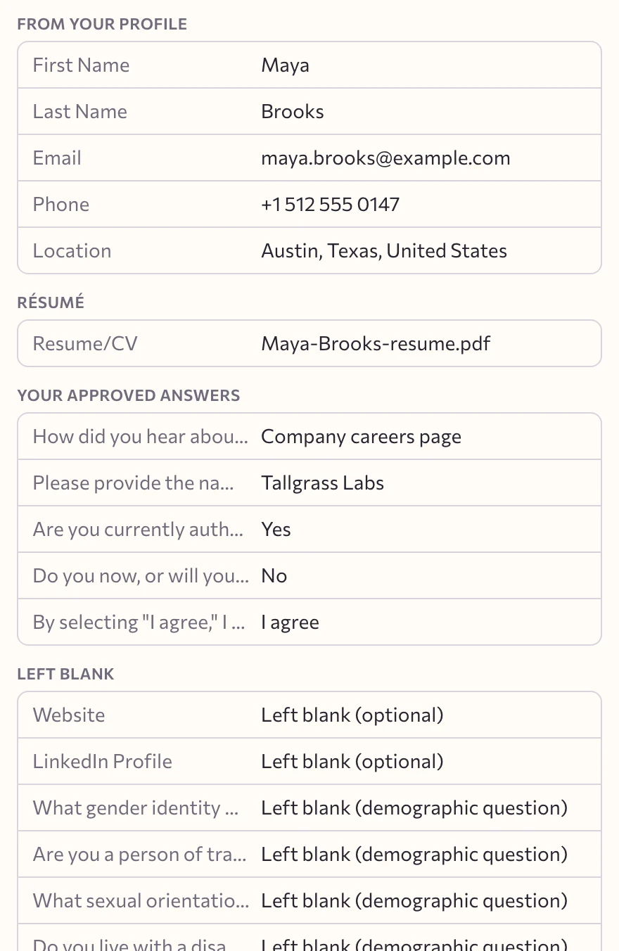 Job Grinder auto-apply review: profile details, a tailored resume, and approved answers shown before the user approves submission.