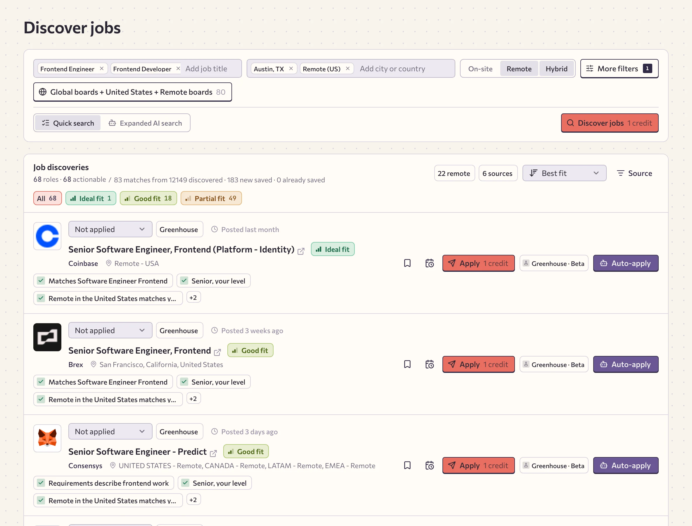 Job Grinder Discover: frontend job matches in Austin and remote US, with fit explanations and links to employer postings.