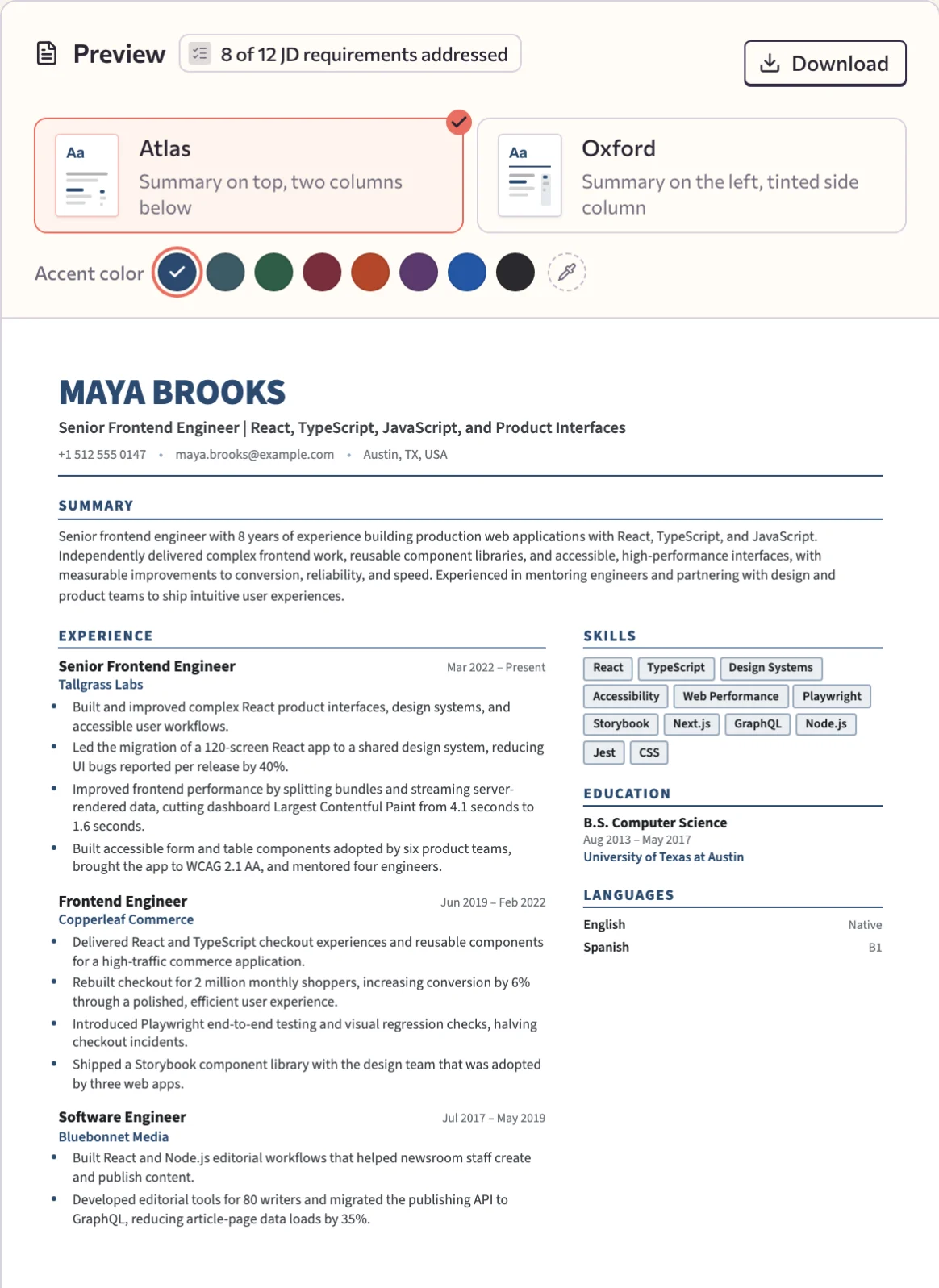 Job Grinder resume editor showing Maya’s experience, an Atlas template preview, and requirements addressed for a software engineer role.